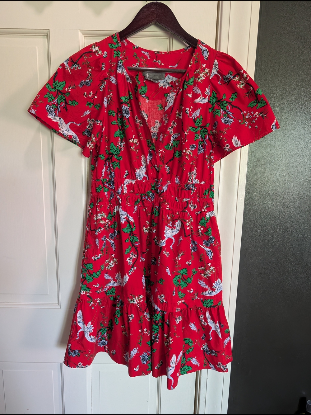 Anthropologie Red Floral V-Neck Tiered Dress (Small)